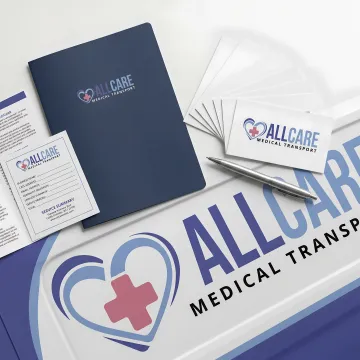 Healthcare branding materials including business cards and vehicle wraps for medical transport company