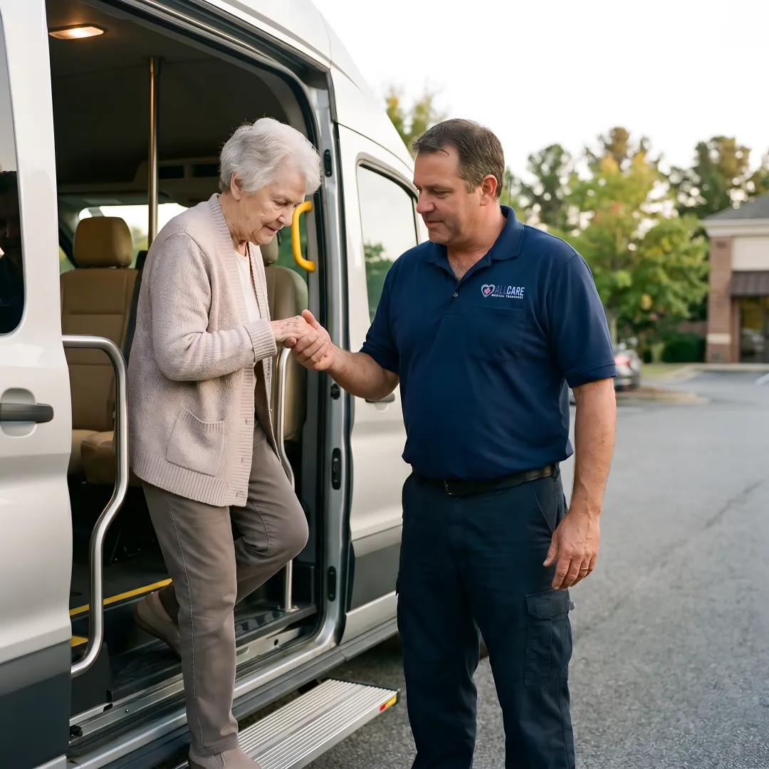 Healthcare transport professional helping senior dialysis patient into comfortable medical van