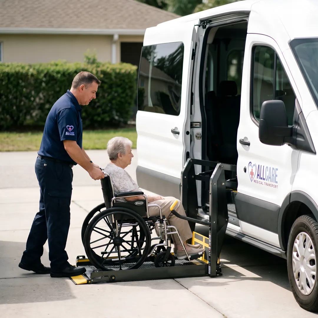 Professional wheelchair-accessible medical transport vehicle with lift deployed