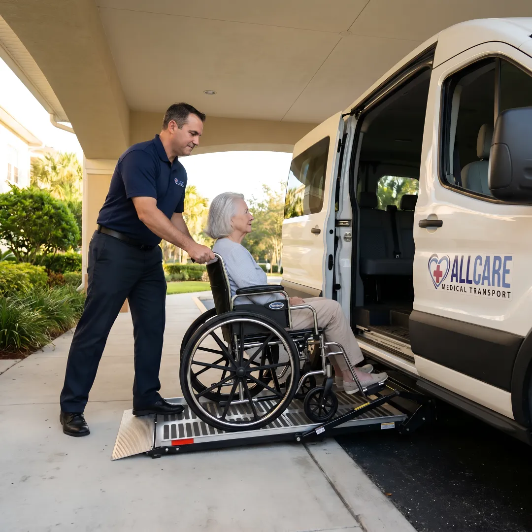 Medical transport specialist assisting elderly patient in wheelchair preparing for dialysis appointment