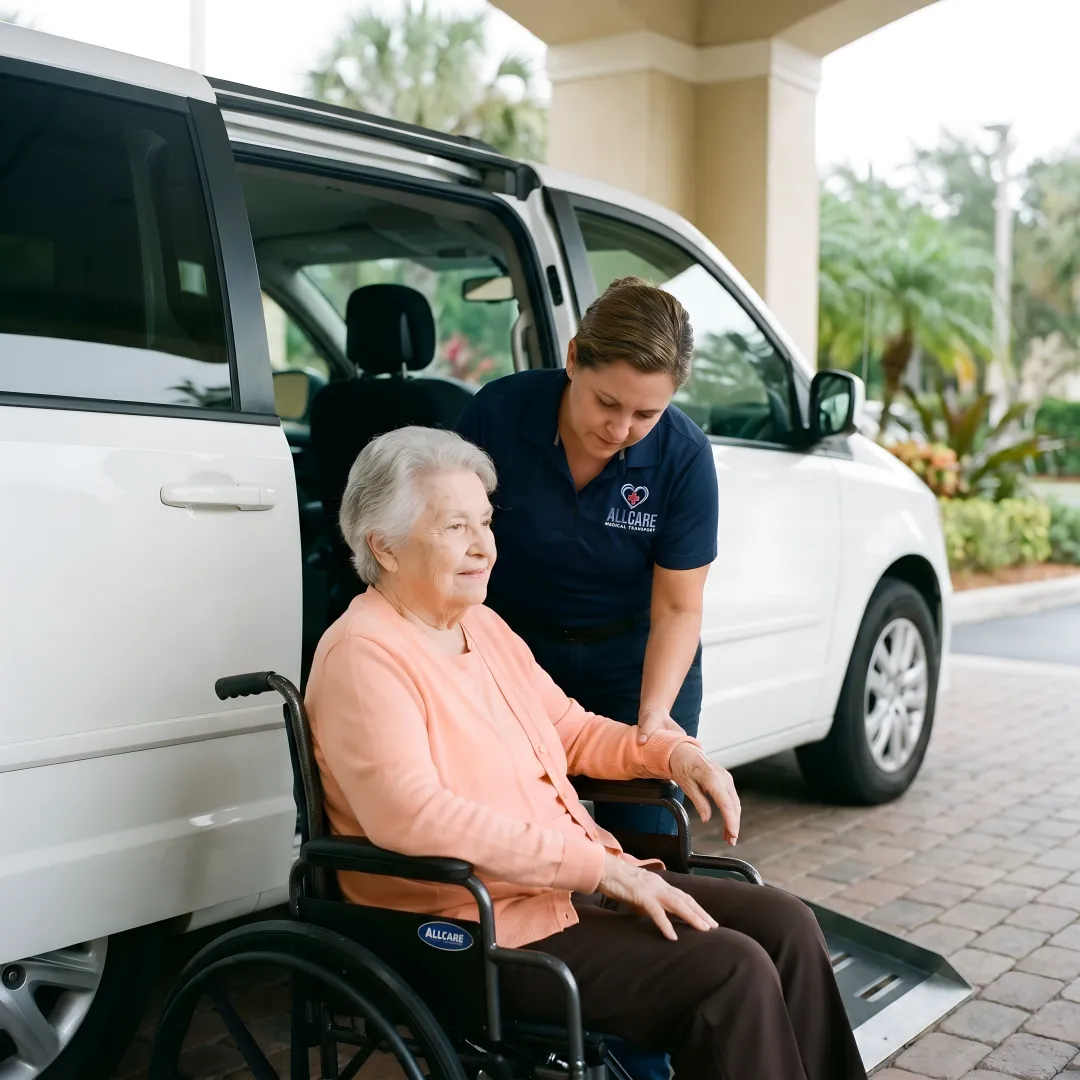 Senior citizen smiling while being assisted by caring medical transport driver