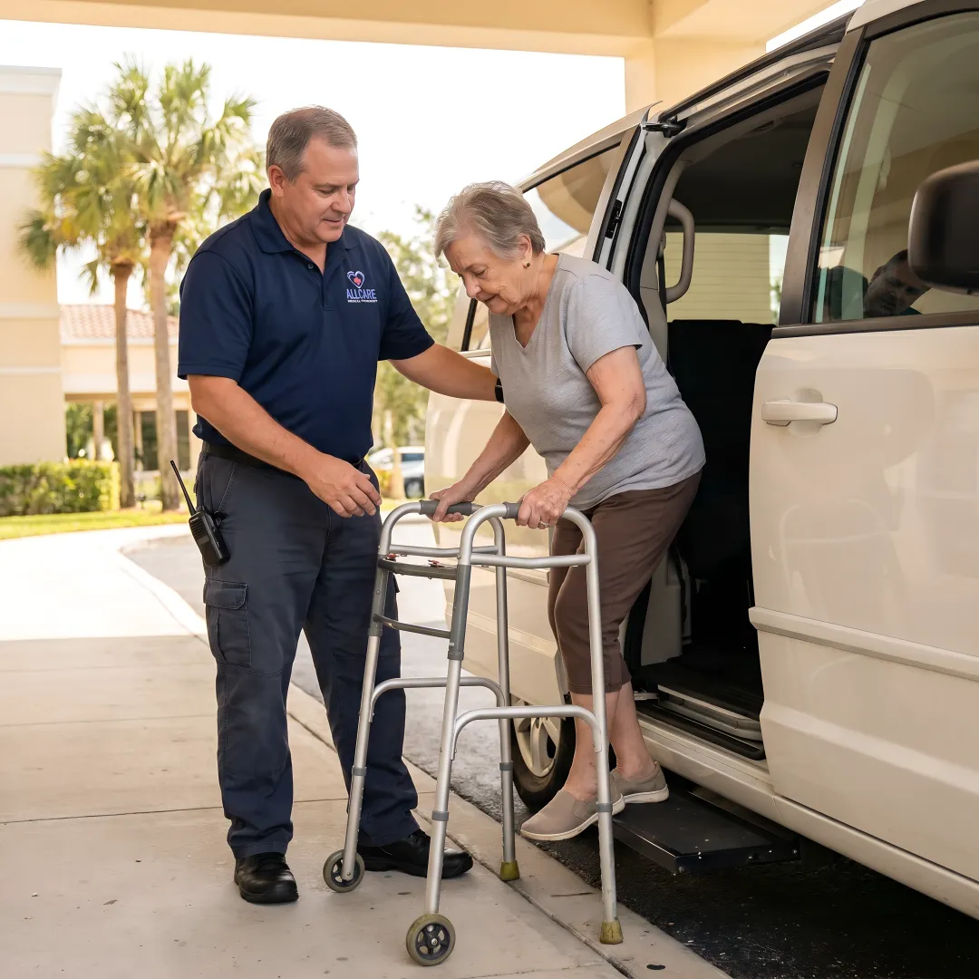 Senior receiving compassionate assistance from certified transport specialist