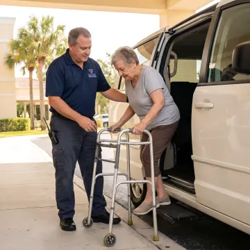 Senior receiving compassionate assistance from certified transport specialist