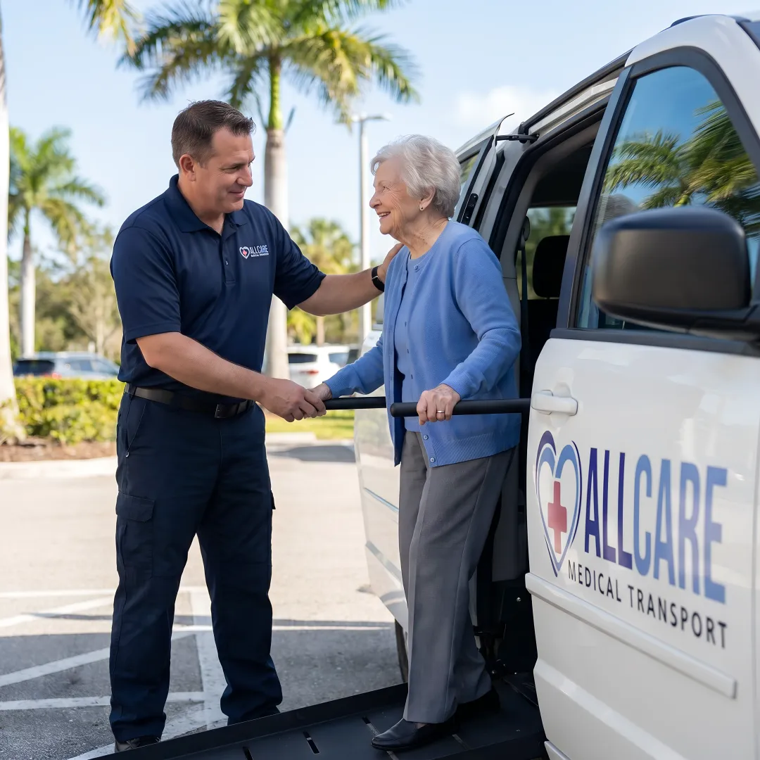 Medical transport specialist assisting senior patient into accessible vehicle