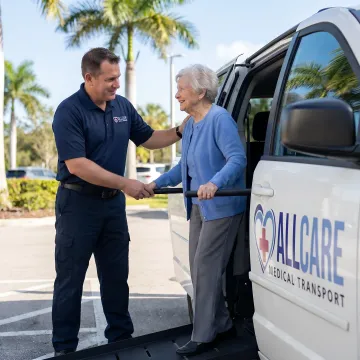 Medical transport specialist assisting senior patient into accessible vehicle