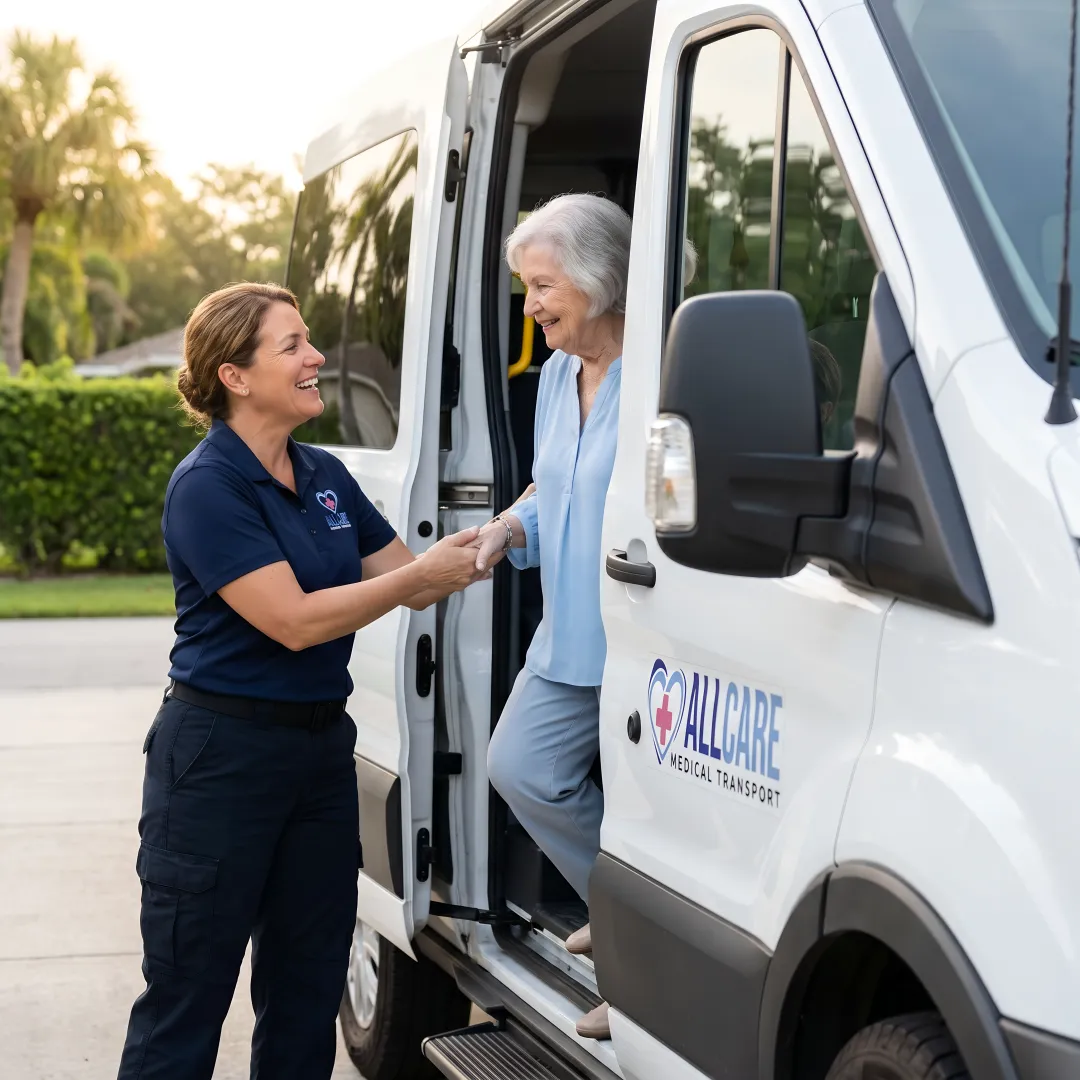Medical transport team assisting senior patient with care
