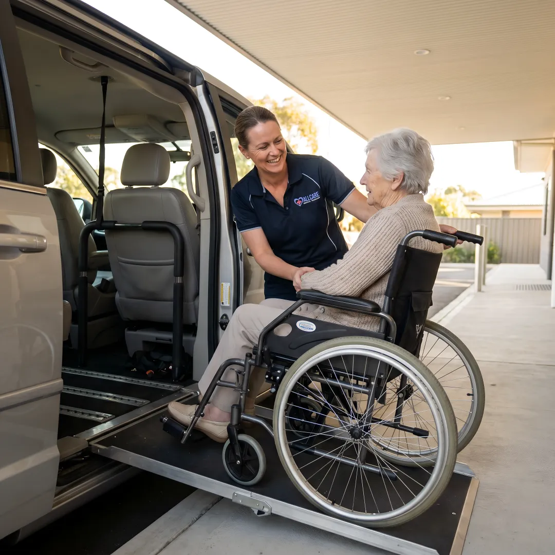 Professional medical transport specialist assisting senior citizen with care and respect