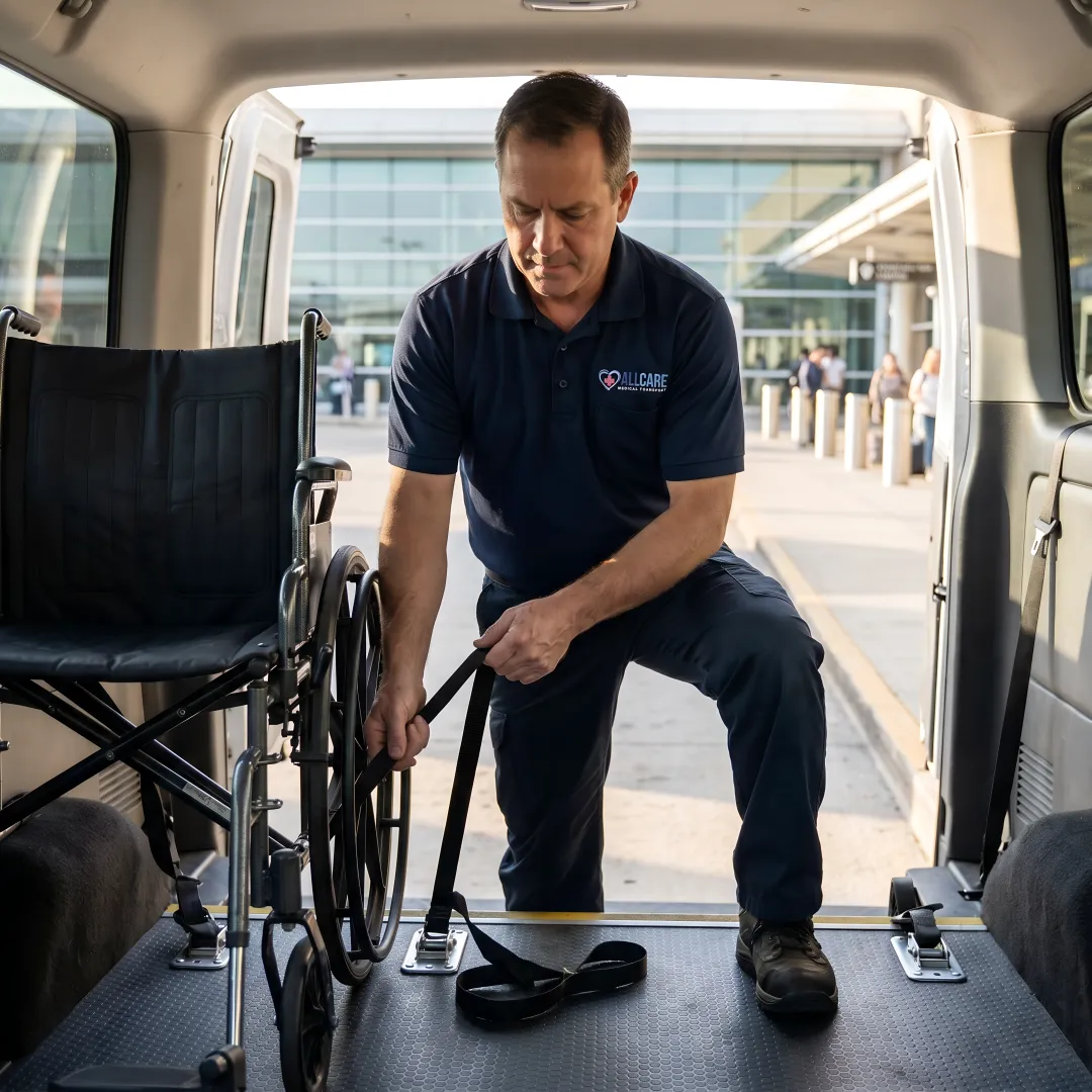 Transport specialist securing wheelchair in accessible vehicle at airport