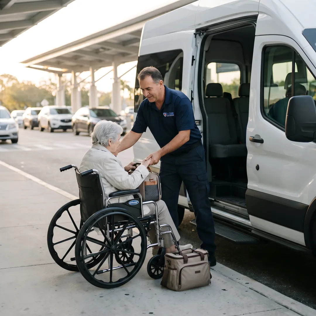 Medical transport specialist assisting elderly passenger from airport terminal to specialized vehicle