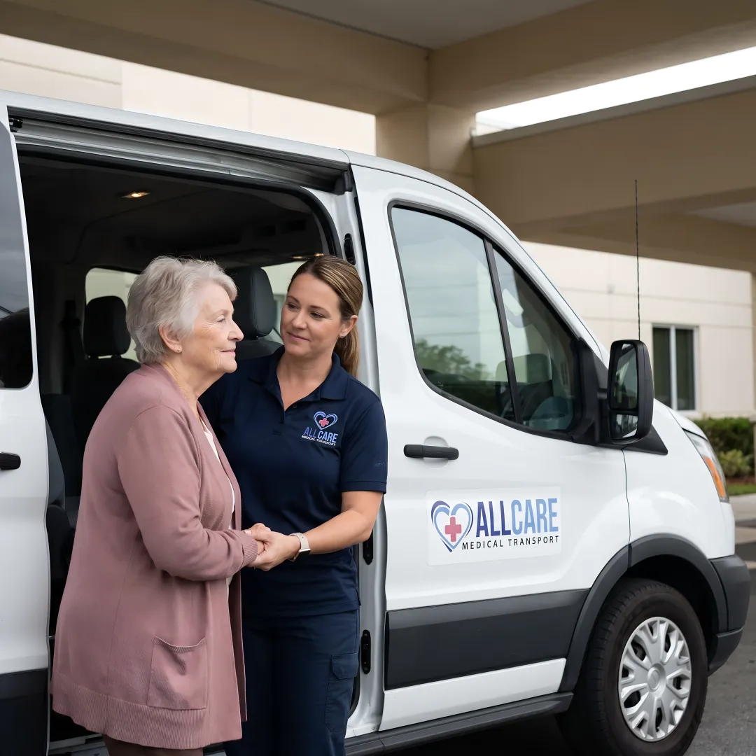 Compassionate driver assisting elderly woman into medical transport vehicle
