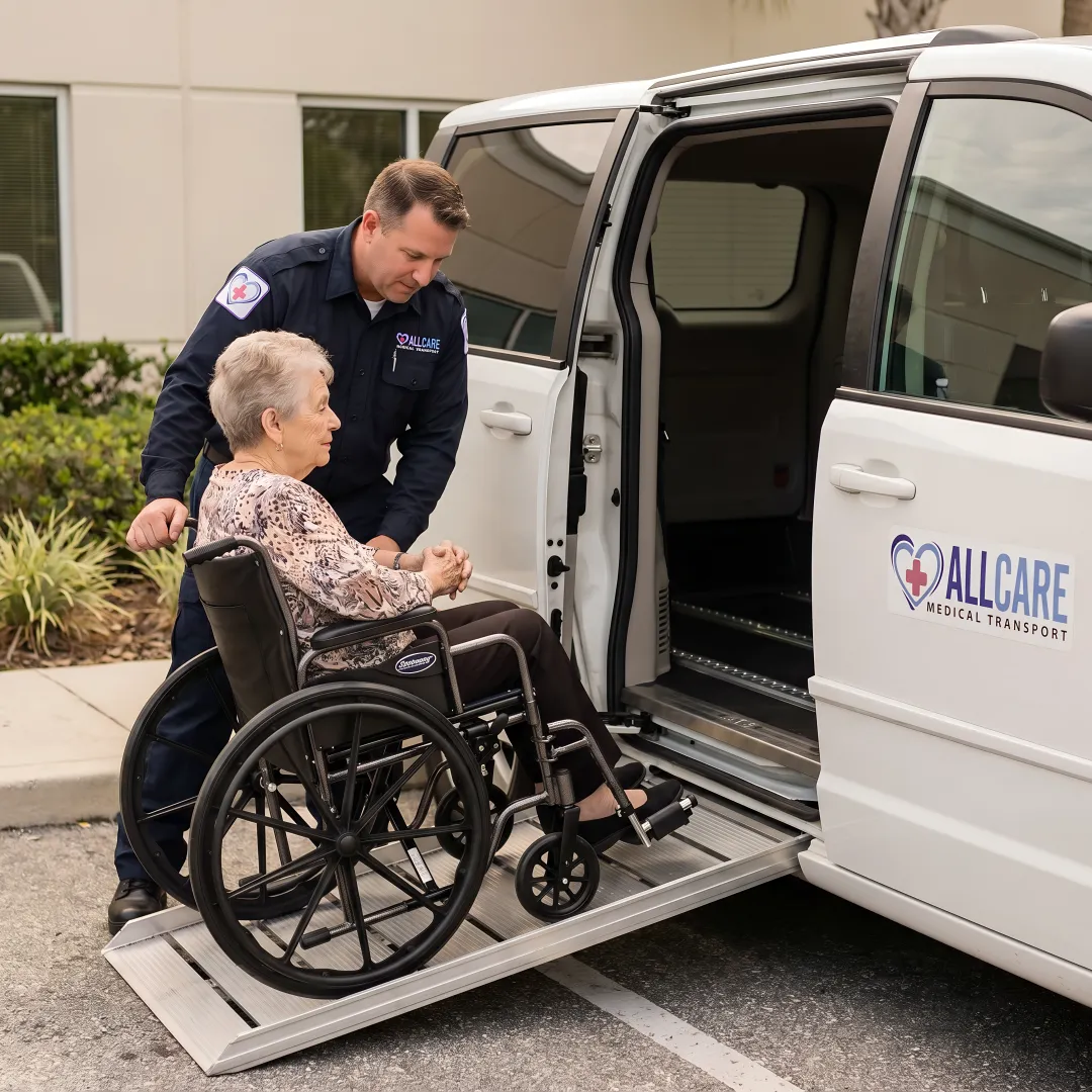 Medical transport specialist helping elderly patient into wheelchair accessible vehicle