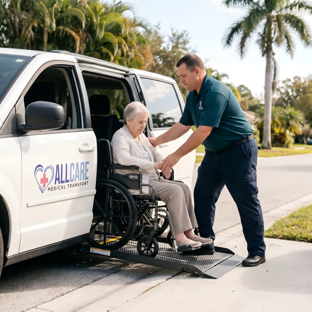 Wheelchair-accessible van with lift deployed assisting senior passenger