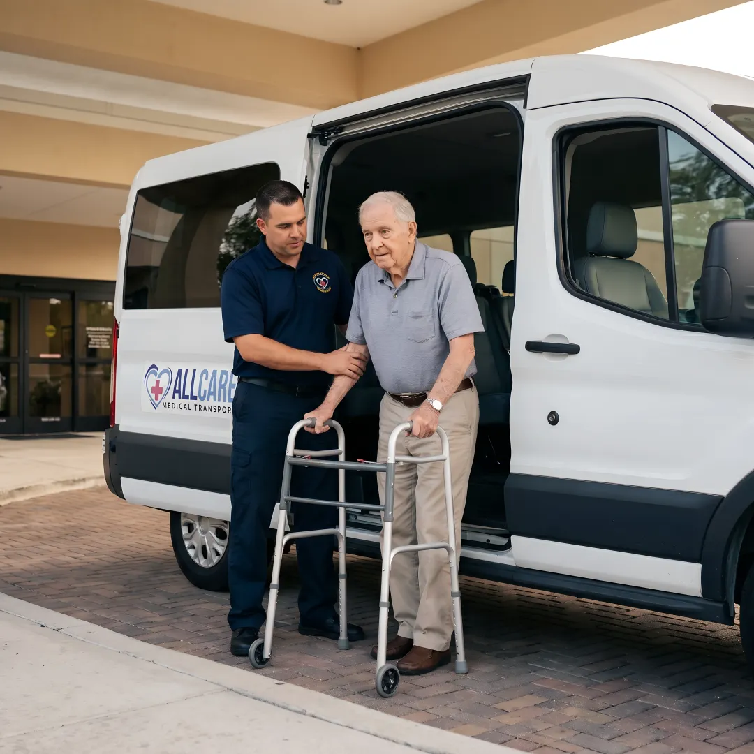 Senior patient smiling while being assisted by caring transport specialist