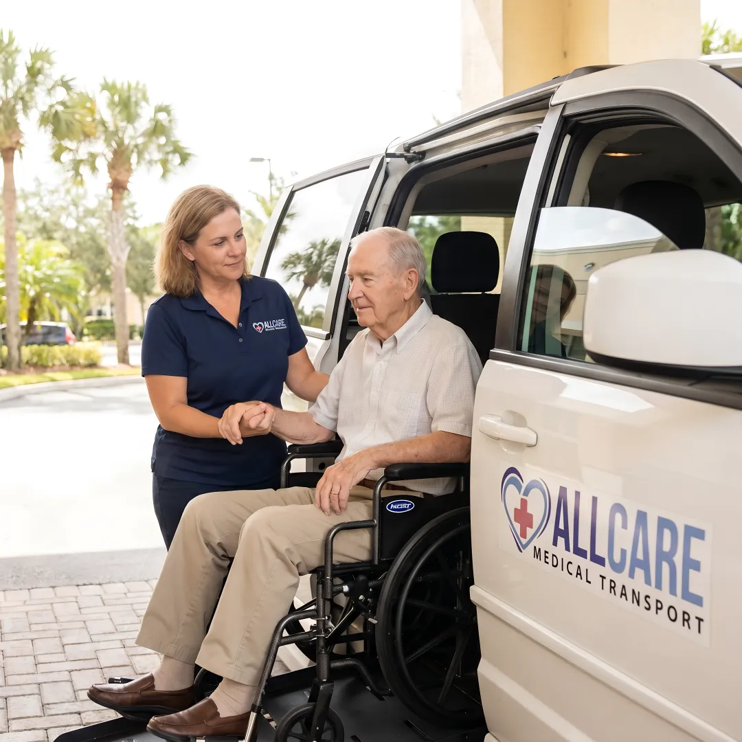 Senior citizen being assisted into wheelchair-accessible medical transport van in Volusia County