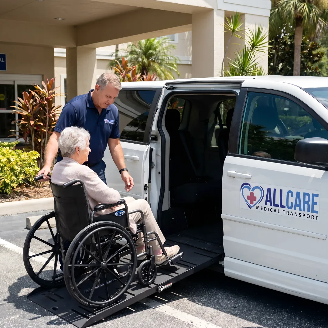 Medical transport specialist assisting patient into wheelchair-accessible vehicle for doctor appointment
