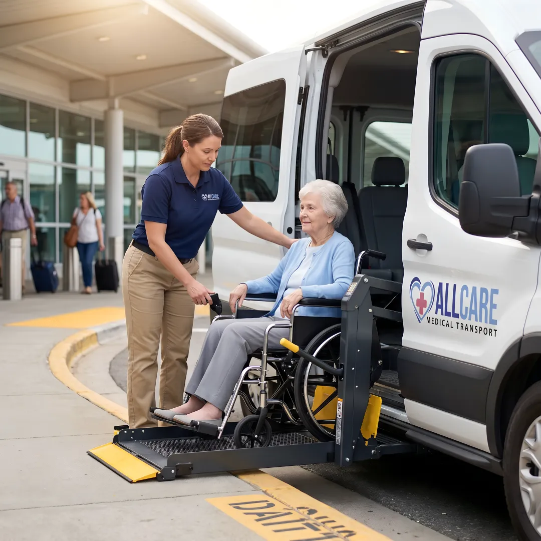 Certified medical transport specialist assisting elderly passenger into wheelchair-accessible vehicle at airport