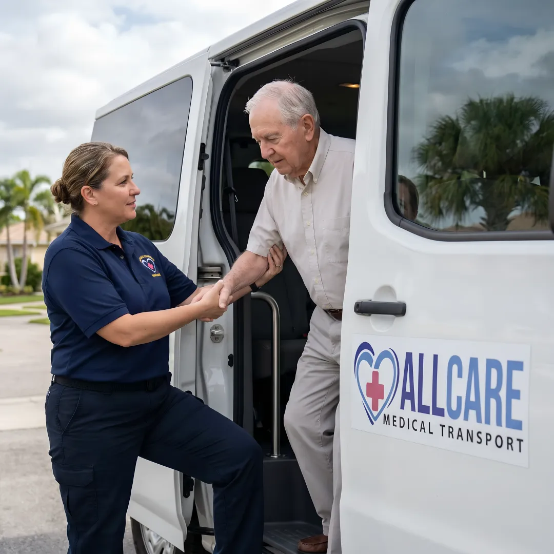 Caring medical transport specialist assisting elderly patient into wheelchair-accessible vehicle