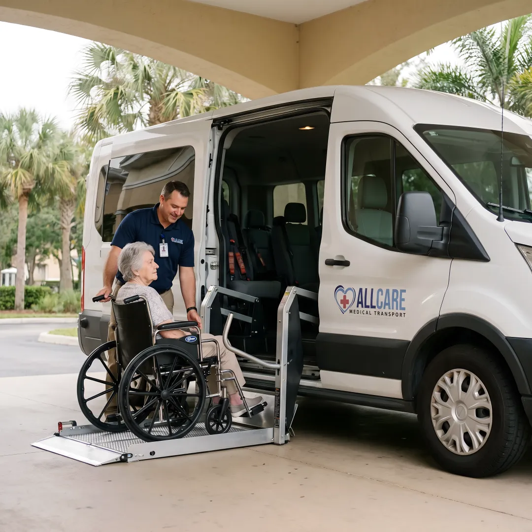 Certified medical transport specialist assisting elderly patient into wheelchair-accessible vehicle