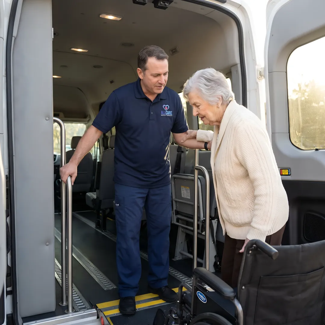 Caring medical transport specialist assisting senior with wheelchair in modern transport vehicle