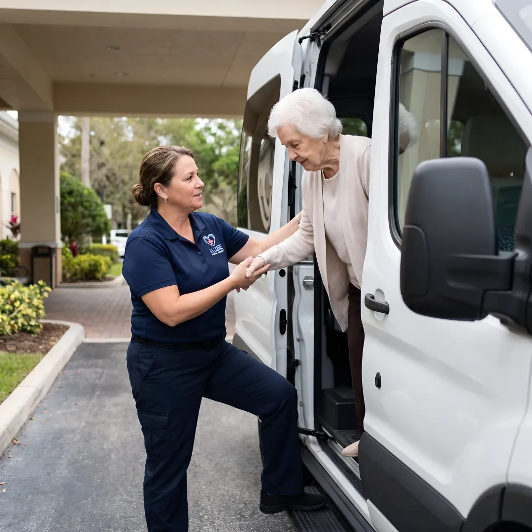 Caring medical transport staff assisting senior patient