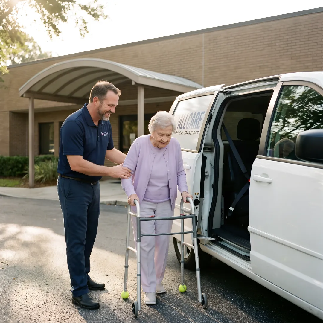 Friendly medical transport driver helping senior patient with walker enter vehicle