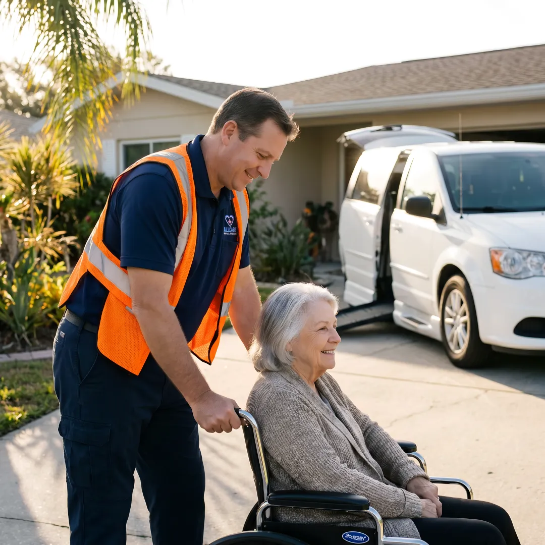 Elderly woman in wheelchair being assisted into accessible transport van by certified driver