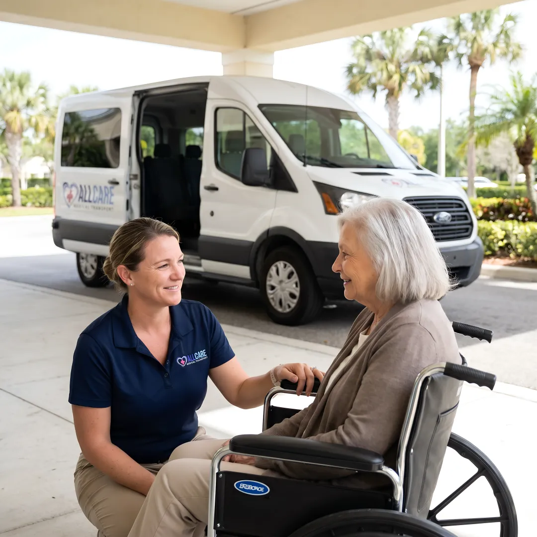 Caring medical transport driver helping elderly woman with wheelchair into accessible vehicle