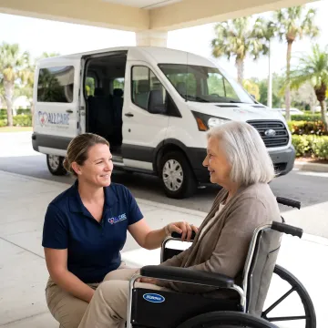 Caring medical transport driver helping elderly woman with wheelchair into accessible vehicle