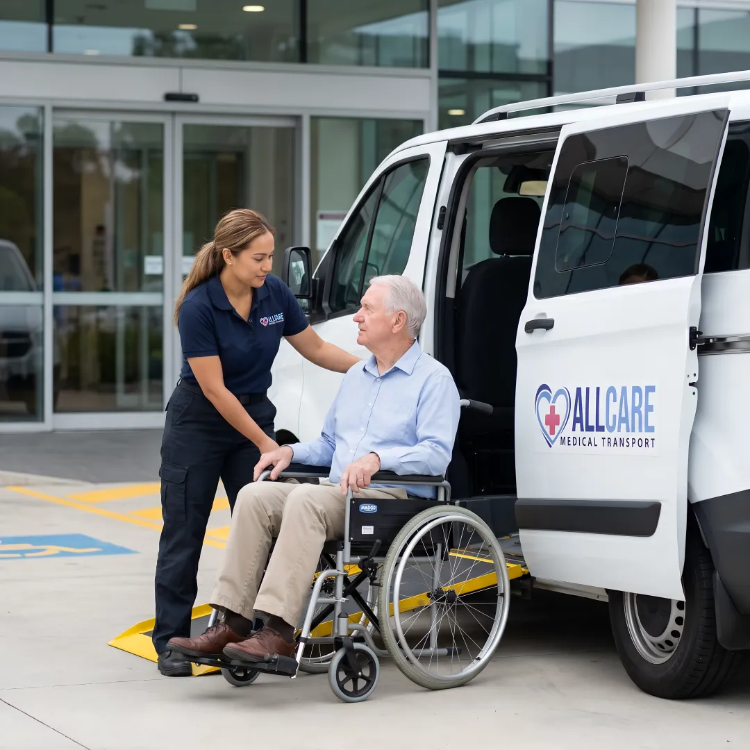 Senior patient being assisted into specialized medical transport vehicle after surgery