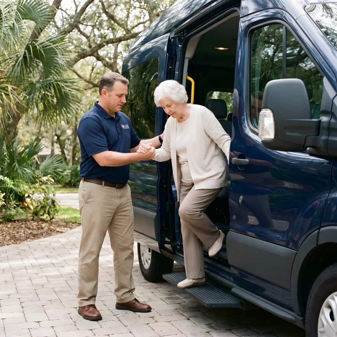 Compassionate driver assisting elderly woman into medical transport vehicle