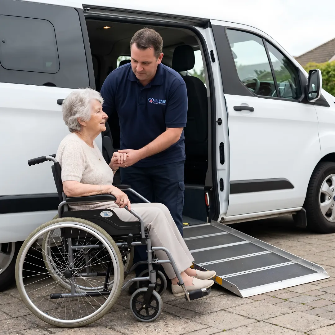 Medical transport specialist carefully assisting senior patient during post-surgical transfer