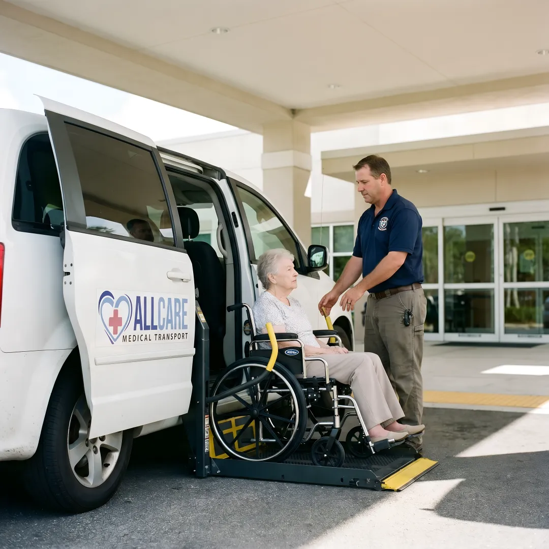 Compassionate transport specialist assisting wheelchair passenger into accessible vehicle