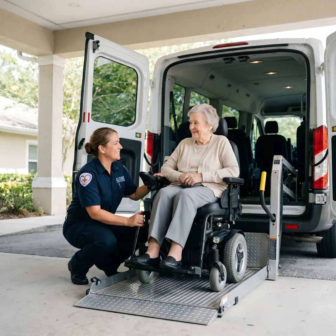 Transport specialist helping elderly patient into wheelchair-accessible medical van