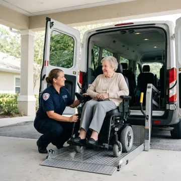 Transport specialist helping elderly patient into wheelchair-accessible medical van