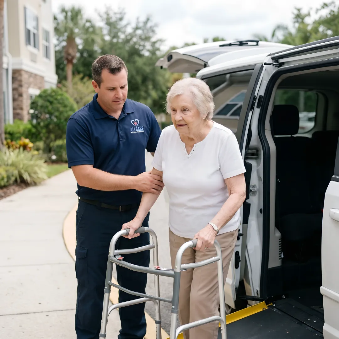Caring transport specialist helping elderly woman into medical transport vehicle