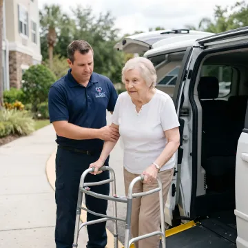 Caring transport specialist helping elderly woman into medical transport vehicle