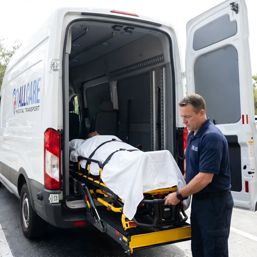 Modern medical stretcher van with hydraulic lift and patient inside