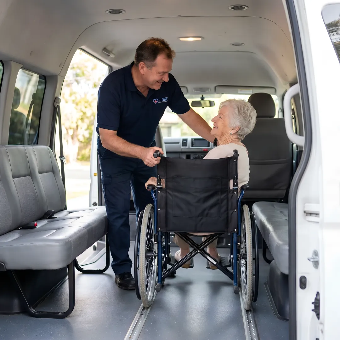 Caring medical transport specialist assisting elderly patient with wheelchair in comfortable transport vehicle