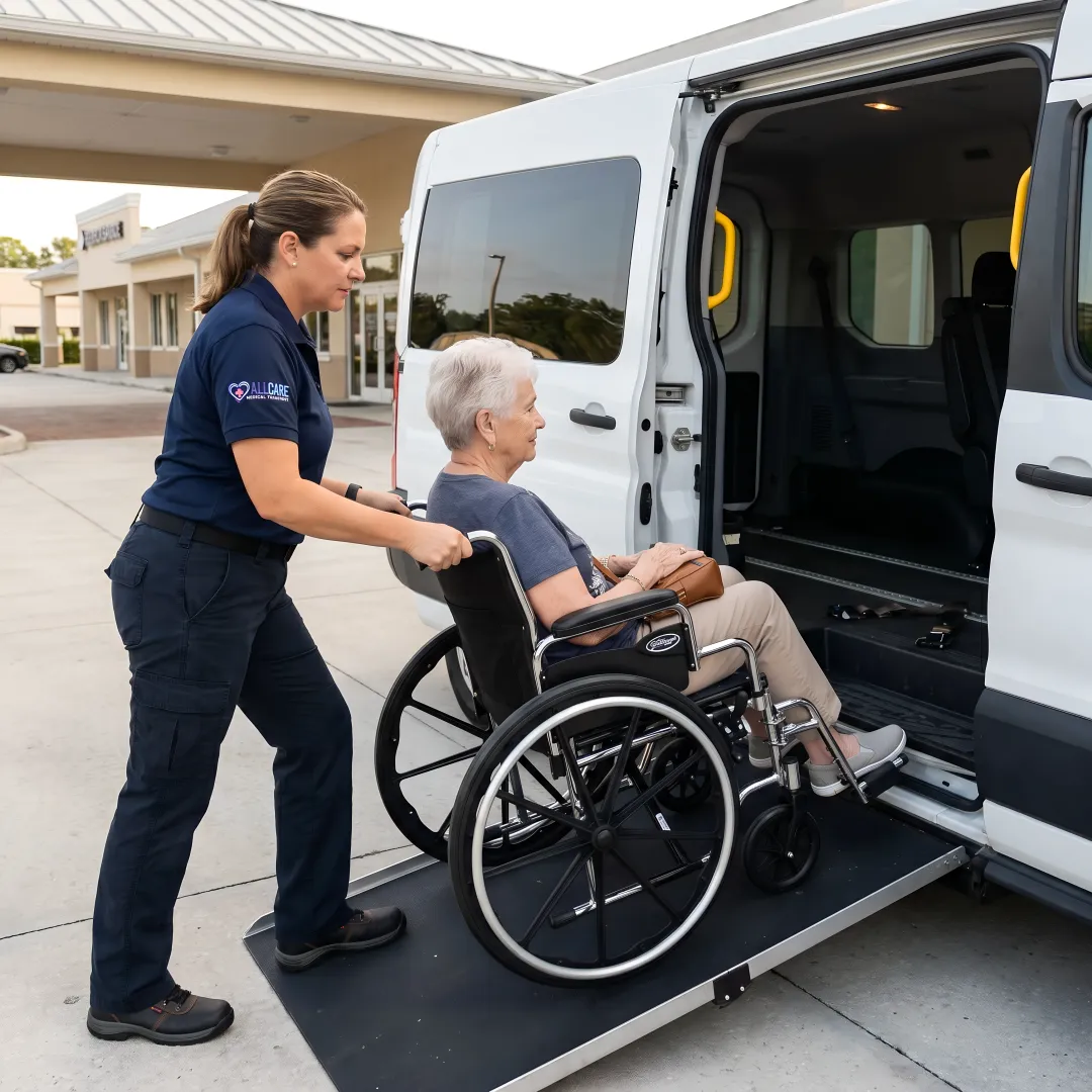 Transport specialist helping senior patient into wheelchair-accessible vehicle