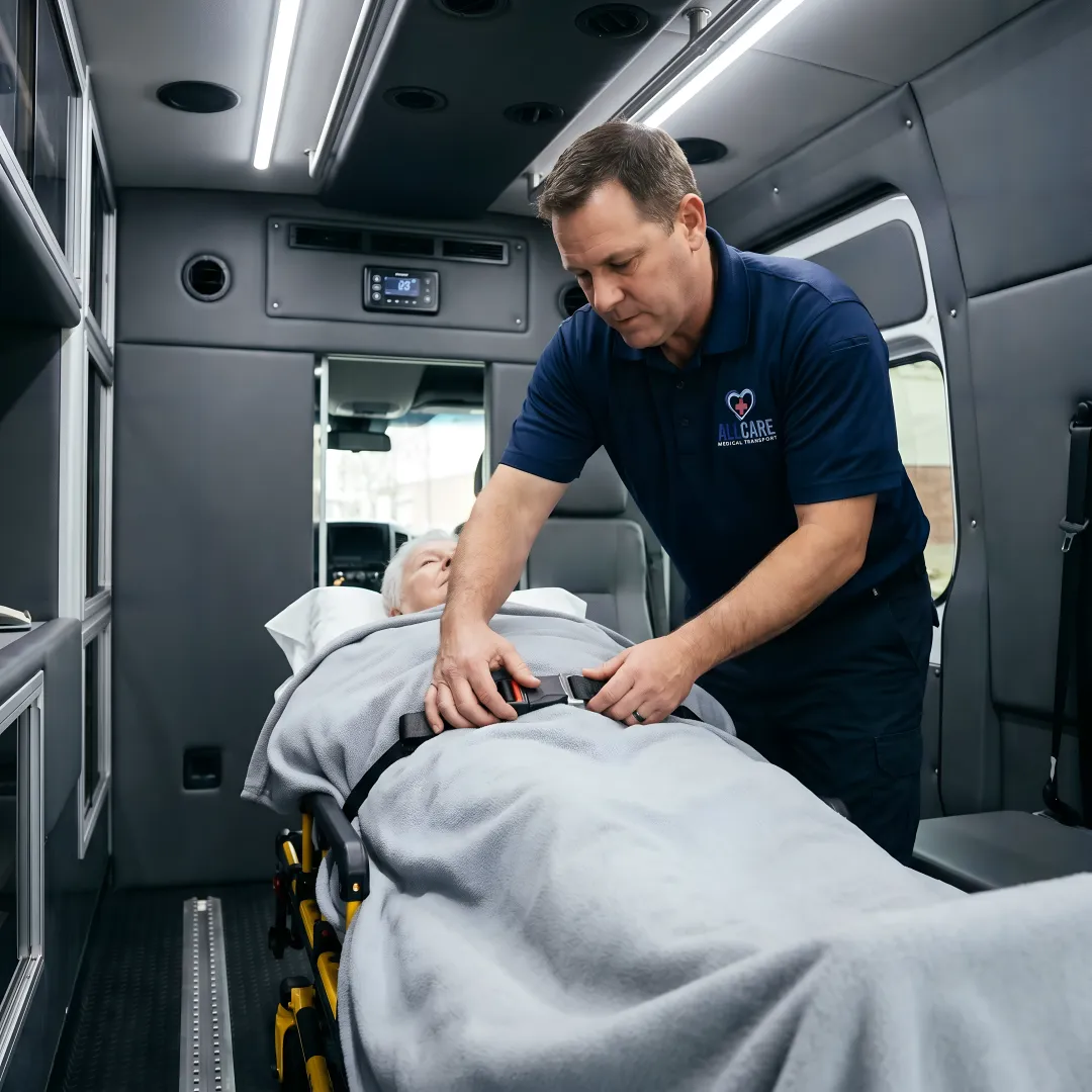 Interior of stretcher van showing secured medical stretcher and safety equipment