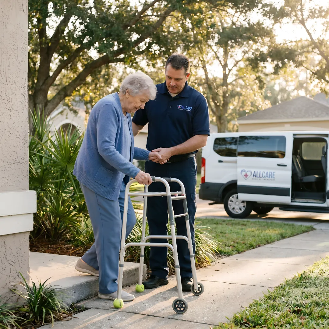 Medical transport specialist helping elderly woman with walker into accessible vehicle