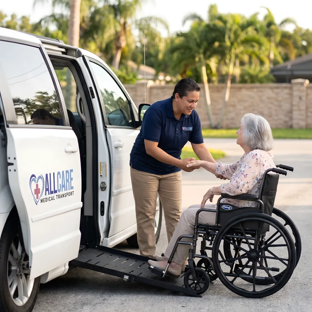 Senior citizen being assisted into a wheelchair-accessible transport van by a caring professional driver