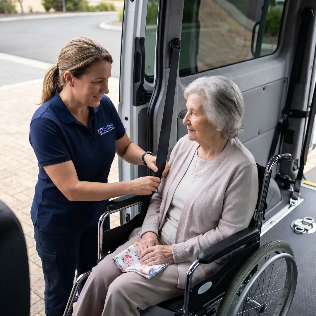 Senior woman in wheelchair smiling while being assisted by caring medical transport specialist