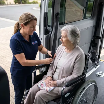 Senior woman in wheelchair smiling while being assisted by caring medical transport specialist