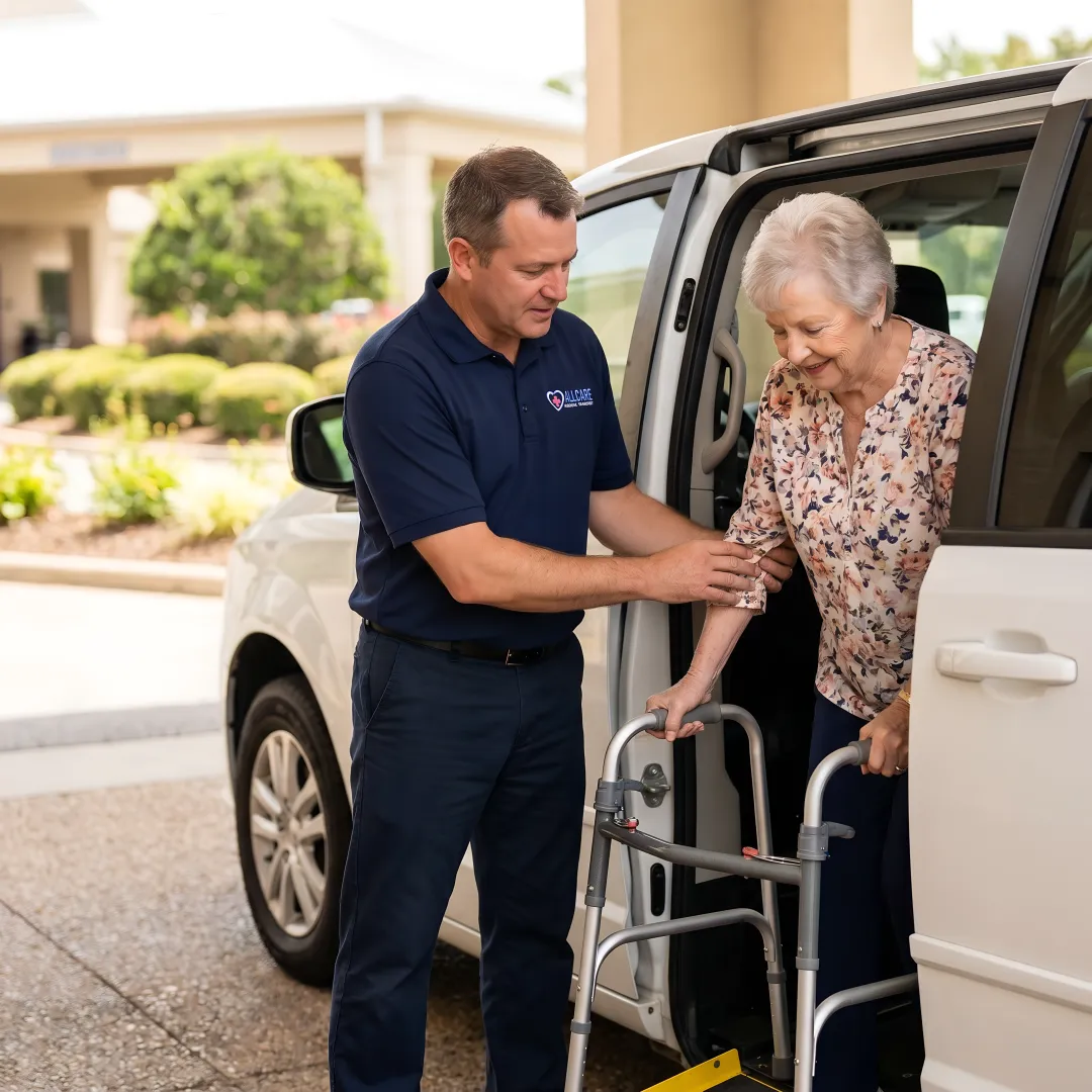 Caring transport specialist helping elderly woman with walker into medical transport vehicle