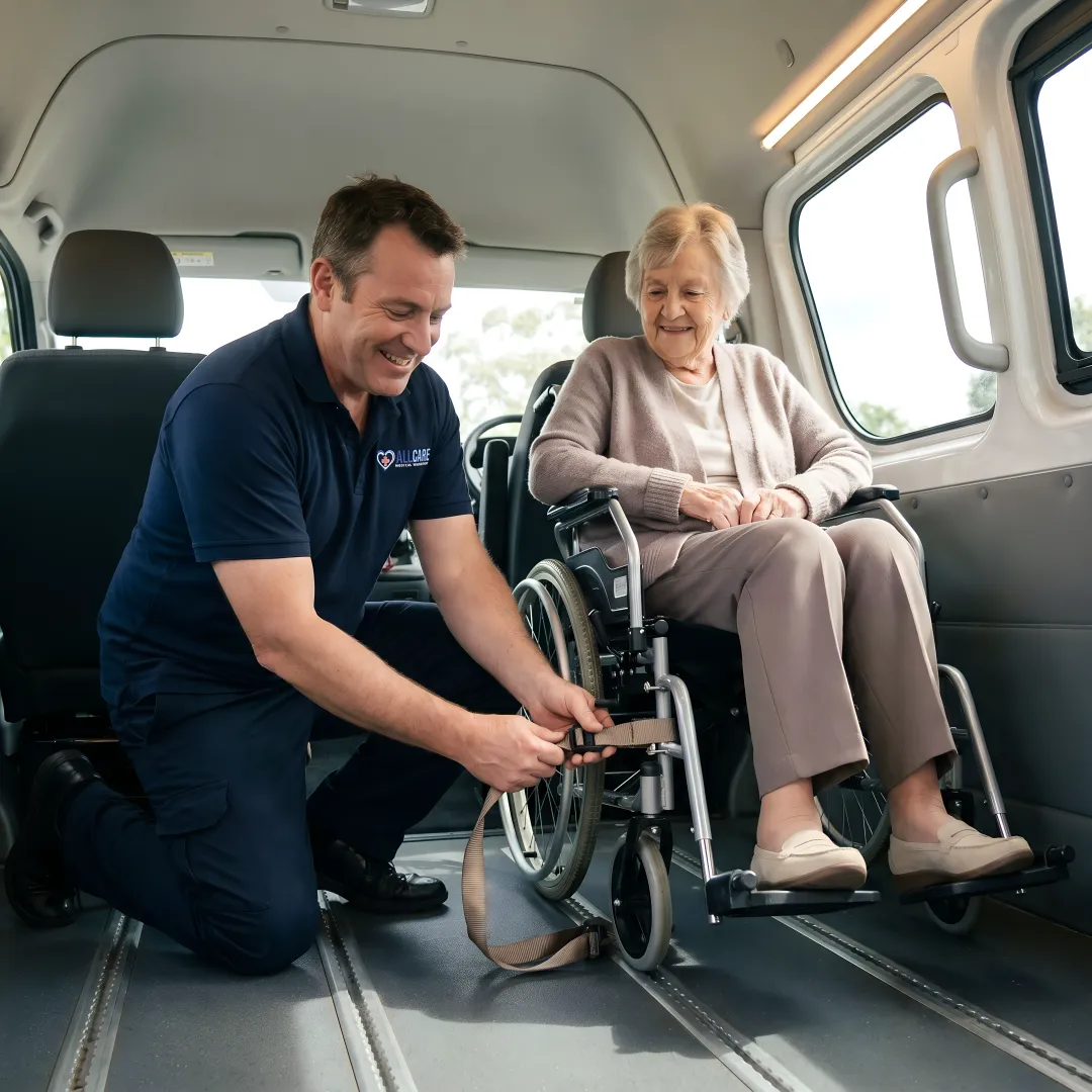 Professional medical transport specialist assisting senior client with compassionate care and attention
