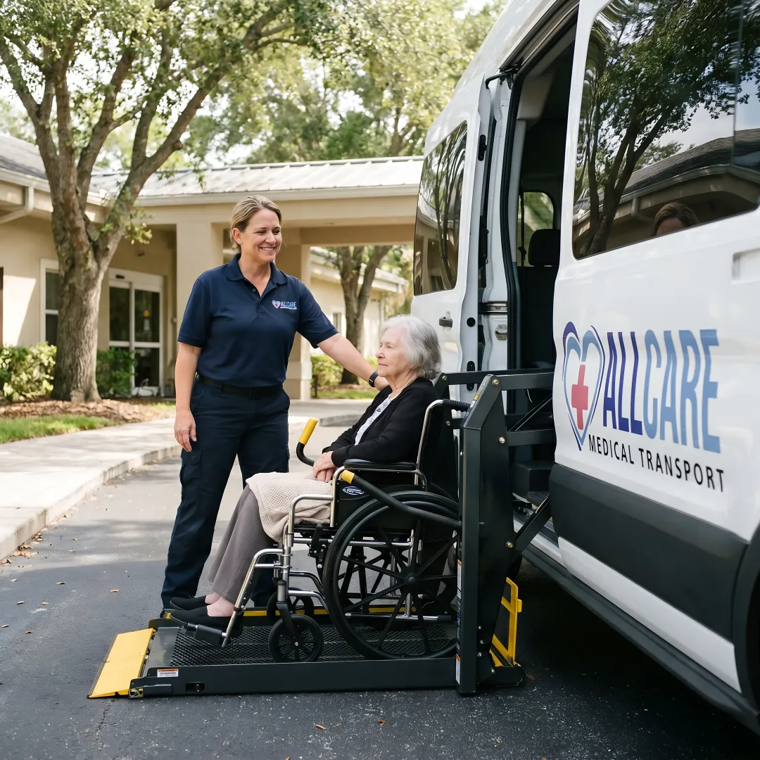 Medical transport specialist assisting elderly passenger into wheelchair-accessible vehicle