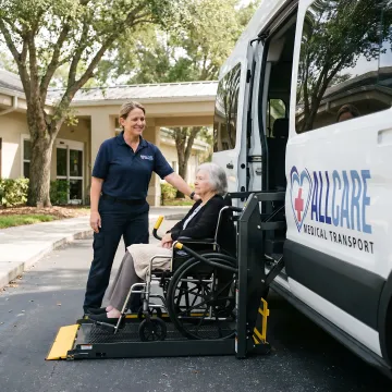 Medical transport specialist assisting elderly passenger into wheelchair-accessible vehicle