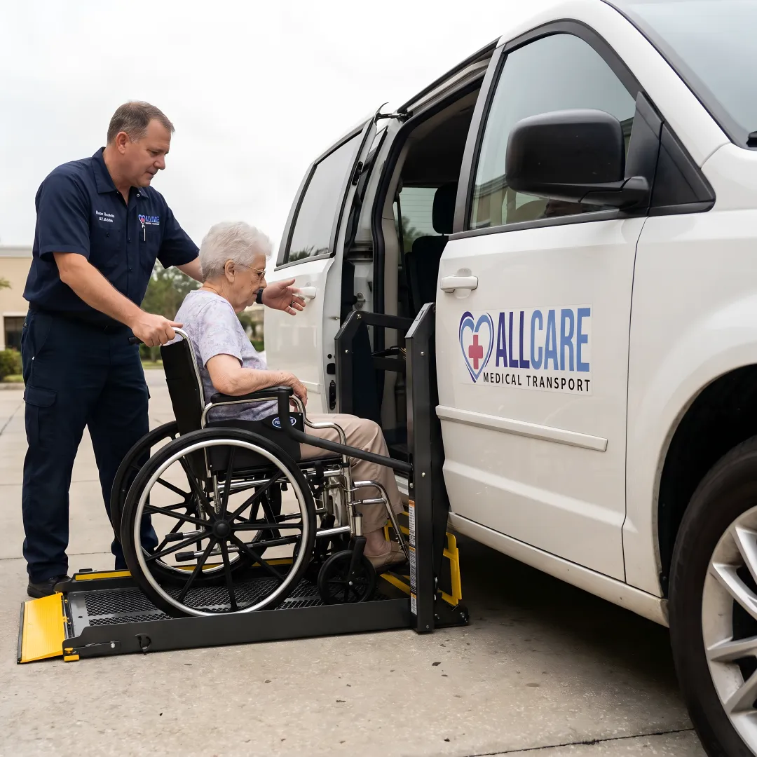 Professional medical transport specialist assisting elderly passenger in wheelchair into accessible vehicle