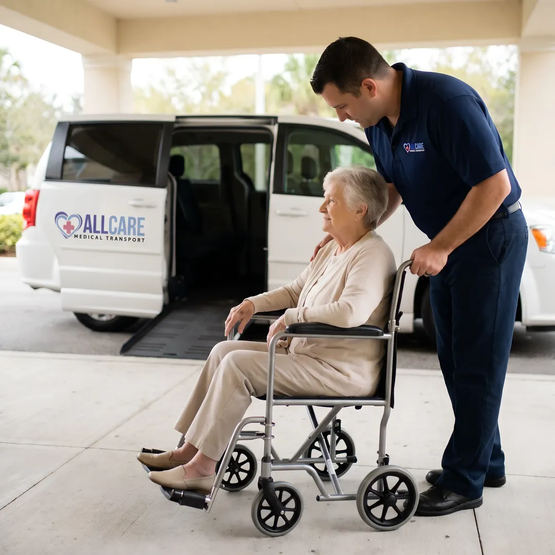 Caring medical transport specialist assisting elderly passenger with wheelchair